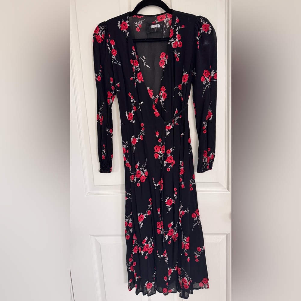 Reformation Wrap Dress in Black with Red Floral Design, XSP